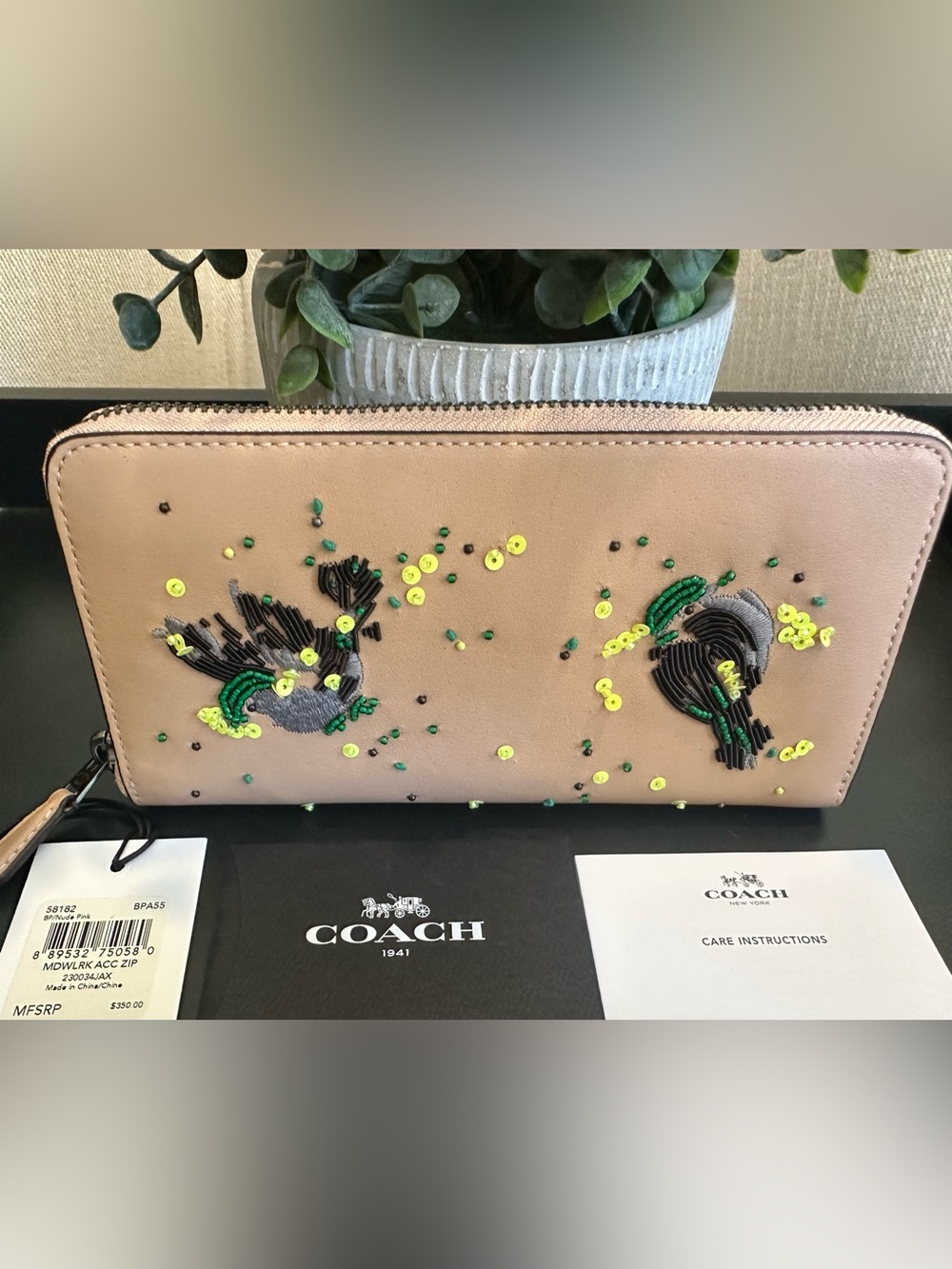 Coach Meadowlark Song bird Large Accordion Beading Stitching Leather Wallet - Picture 3 of 7